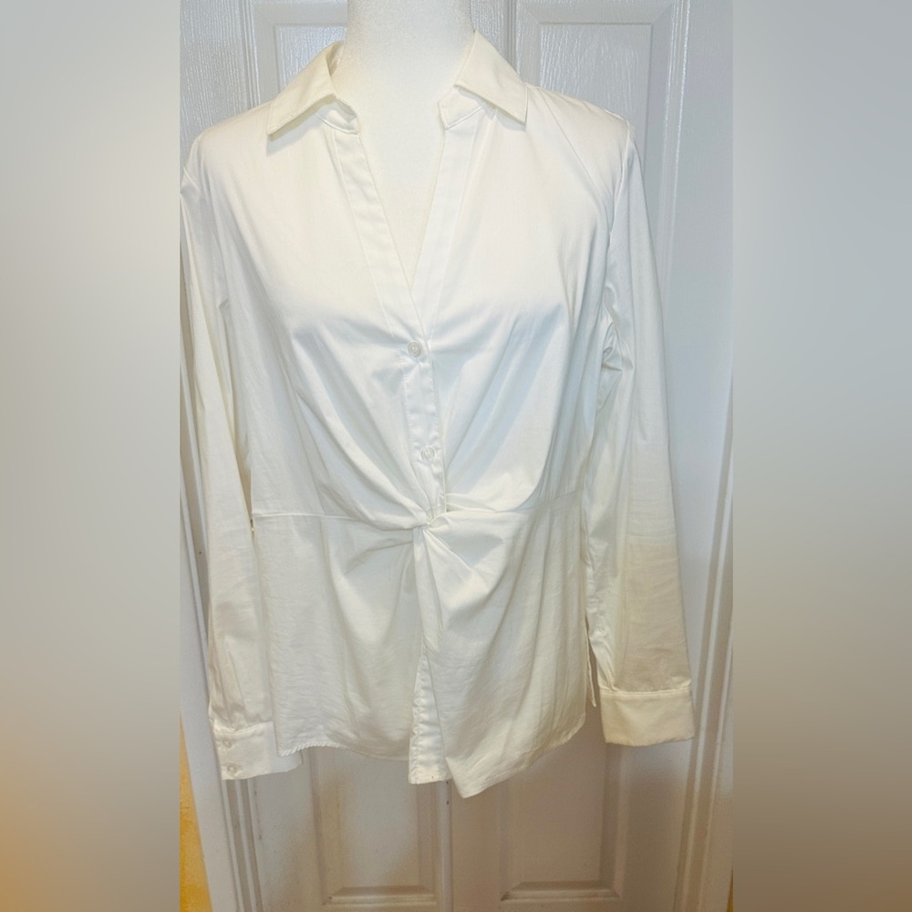 Inc International Blouse White Twisted Front Long Sleeve Collar Size Large